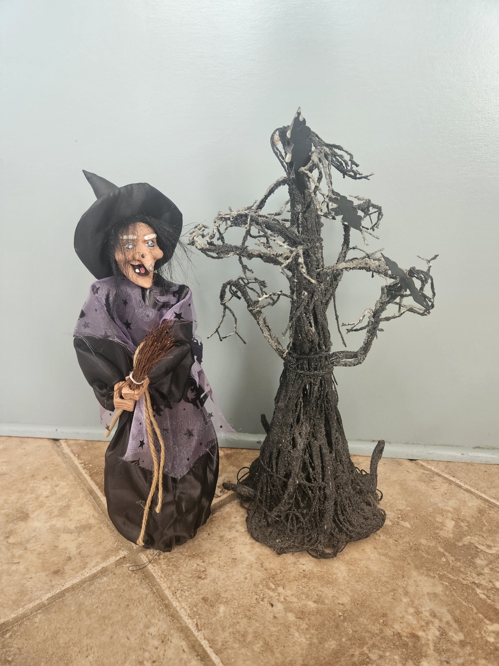 Vintage Witch Figurine With Spooky Black Tree